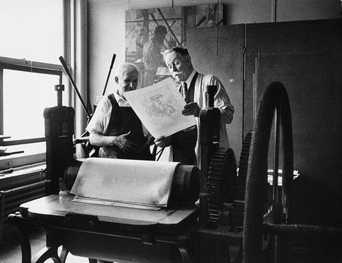 Western painter William R. Leigh and his lithographer, New York, 1948<br/>
