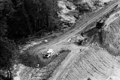 Aerial view of the dam where the bodies of  James Chaney, Andrew Goodman, and Michael Schwerner were buried, August 8, 1964, near Philadelphia, Mississippi<br/>