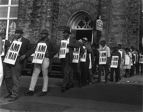 Sanitation Workers assemble in front of Clayborn Temple for a solidarity march, Memphis, TN, March 28, 1968