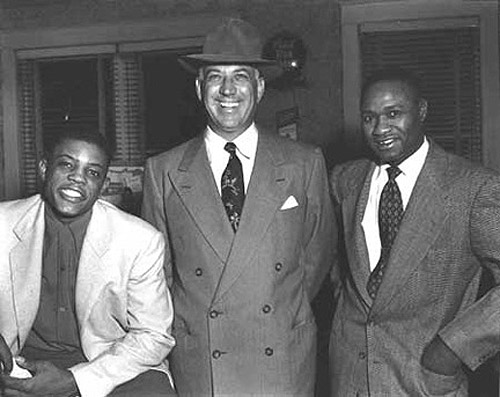 Willie Mays  and Lou Chiozza, former NY Giant, and Hank Thompson at the Lorraine Hotel, 1953. The first all black outfield.