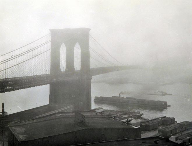 Brooklyn Bridge in the fog, New York, 1948<br/>
