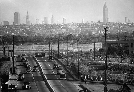 View of New York City skyline from Bendix, NJ, 1940's<br/>
