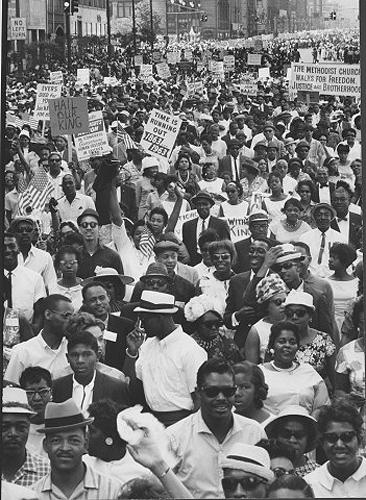 FRANCIS MILLER - "African Americans carrying signs protesting discrimination during demonstration at rally, Detroit, 1963"<<br/>