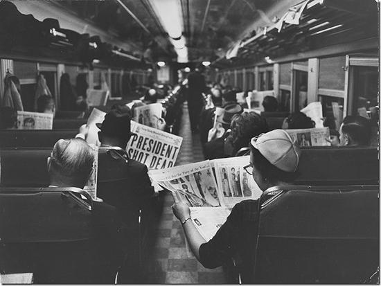 Photo: New York Commuters reading of John F. Kennedy;s assassination, 1963 Vintage Gelatin Silver Print #1948