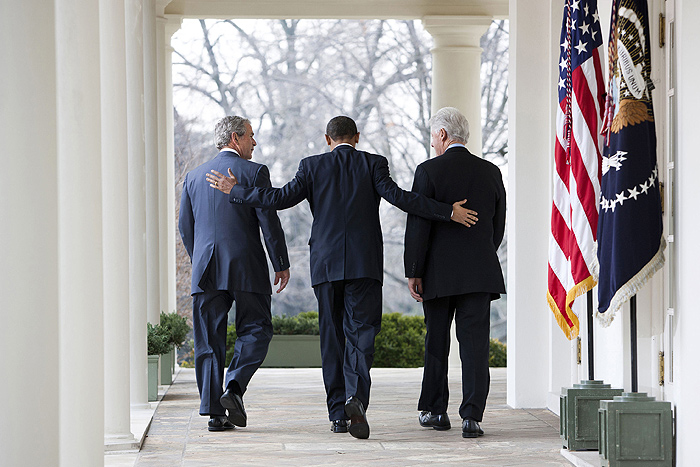 President Barack Obama with former Presidents Bill Clinton and George W. Bush, in the Rose Garden at the White House, 2010