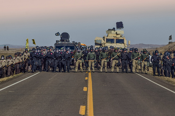 Police line during the sweep of Treaty Camp, north of the Standing Rock Sioux Reservation, October 27, 2016