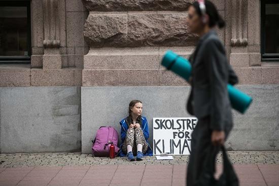 Greta Thunberg's first school strike for Climate, outside the Swedish Parliament, August 20, 2018<br/>