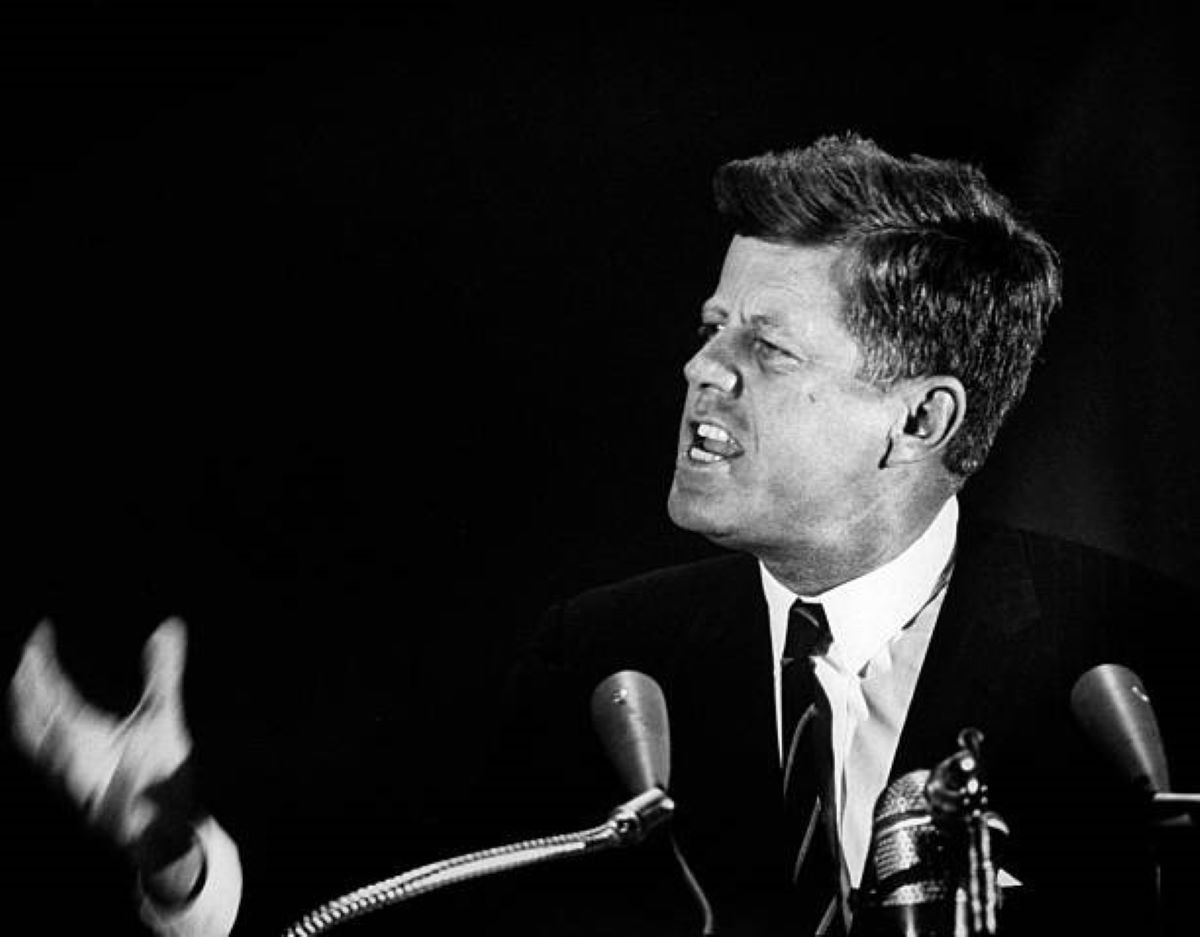President John F. Kennedy speaking at Atlantic City UAW meeting for union demands, 1962