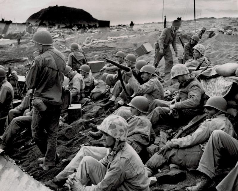 Photo: US Coast Guard: US Coast Guard Party, "Hell's Acre",  Iwo Jima, March 1945 Vintage Gelatin Silver Print #2791
