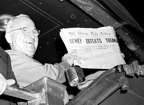 President Harry S. Truman holds up an Election Day edition of the Chicago Daily Tribune which mistakenly announced "Dewey Defeats Truman", St. Louis, MO, November 4, 1948