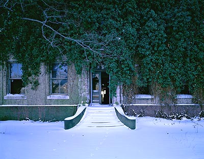 Administration building, snow-covered entrance, Island 3