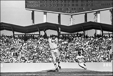 1963 World Series Final Game - Sandy Koufax (jumping/celebrating), Maury Wills, Dodger Stadium, Los Angeles, CA