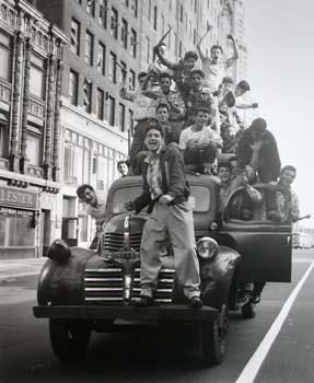 Brooklyn Dodger Fans celebrating 1955 World Series victory, Flatbush Avenue, Brooklyn, NY, 1955 by Martha Holmes<br/>