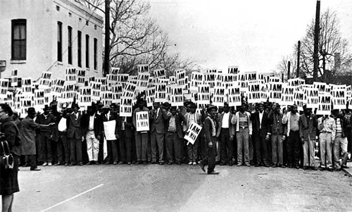 Sanitation Workers assemble in front of Clayborn Temple for a solidarity march, Memphis, TN, March 28, 1968