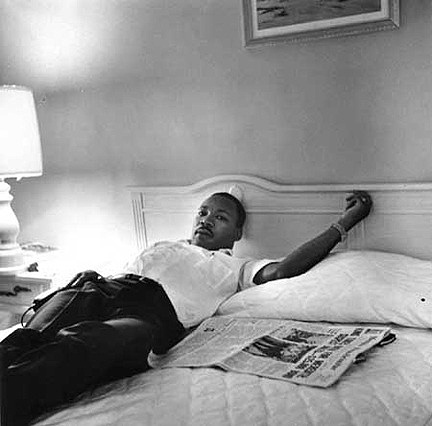Dr. Martin Luther King, Jr. resting in Lorraine Motel following March Against Fear, Memphis, TN, 1966
