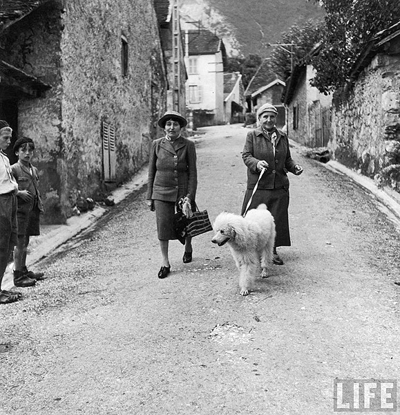 Author Gertrude Stein walking with Alice B. Toklas and their dog, Basket, after liberation in France, September, 1944