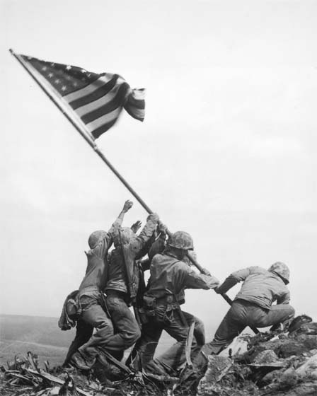 Marines of the 28th Regiment of the 5th Division Raise the American Flag Atop Mt. Suribachi, Iwo Jima, 1945