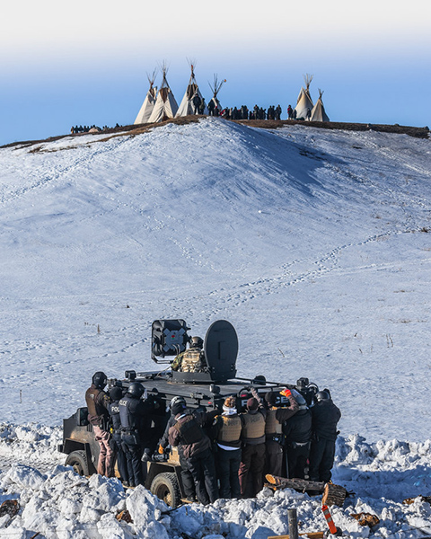 Protesters face off with police and the National Guard on February 1, 2017, near Cannon Ball, North Dakota.