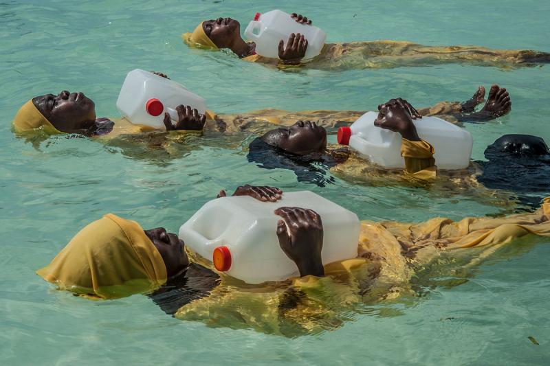 Kijini Primary School students learn to float, swim and perform rescues in the Indian Ocean off of Muyuni, Zanzibar, 2016<br/>