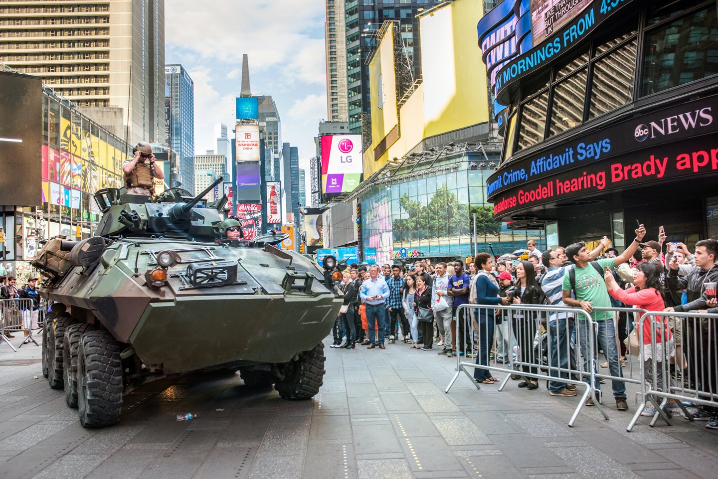 U.S. Marines arrive on a light armored vehicle in New York City’s Times Square during Fleet Week in 2015