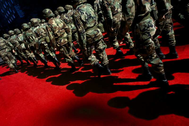 Soldiers on Red Carpet, Columbus Day Parade held after the first day of bombing of Afghanistan, New York, 2001 Archival Pigment Print