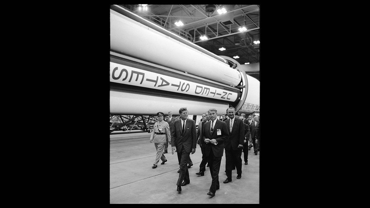 On September 11, 1962, President John F. Kennedy & Vice President Lyndon B. Johnson paid a visit to the Marshall Space Flight Center in Huntsville, Ala., meeting with center director Wernher von Braun, touring Marshall facilities, and personally viewing a
