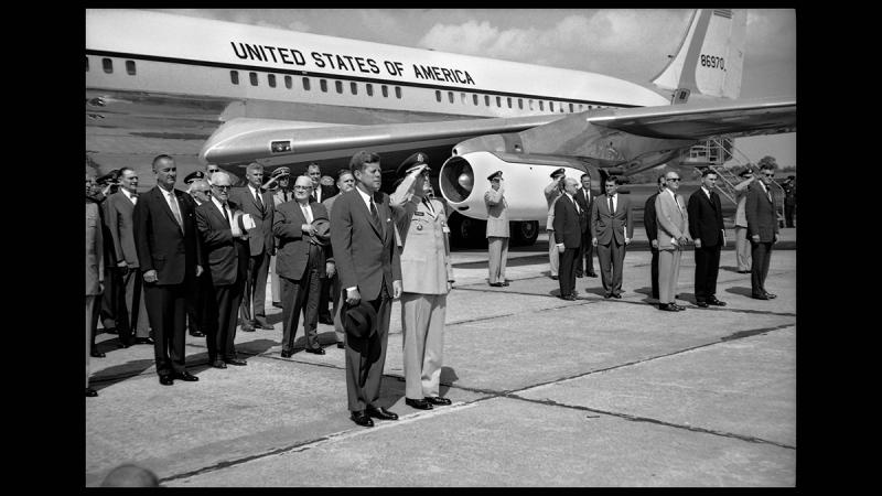 Photo: On Sept 11, 1962 President John F. Kennedy along with Vice President John F. Kennedy stand in front of Air Force One after their arrival at the Marshall Flight Center.  #2656