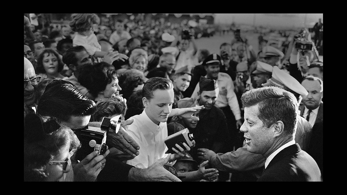 President Kennedy greets McDonnell Aircraft Factory workers prior to his speech at Lambert Field in St. Louis, Missouri.