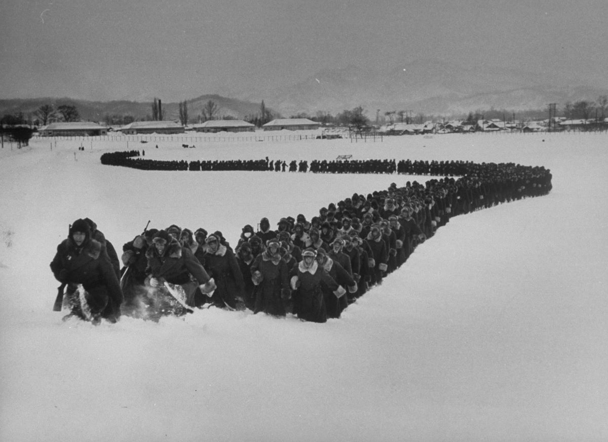he newly created 'Japanese Police Force' moves out of camp for winter training, Hokkaido, Japan, 1951
