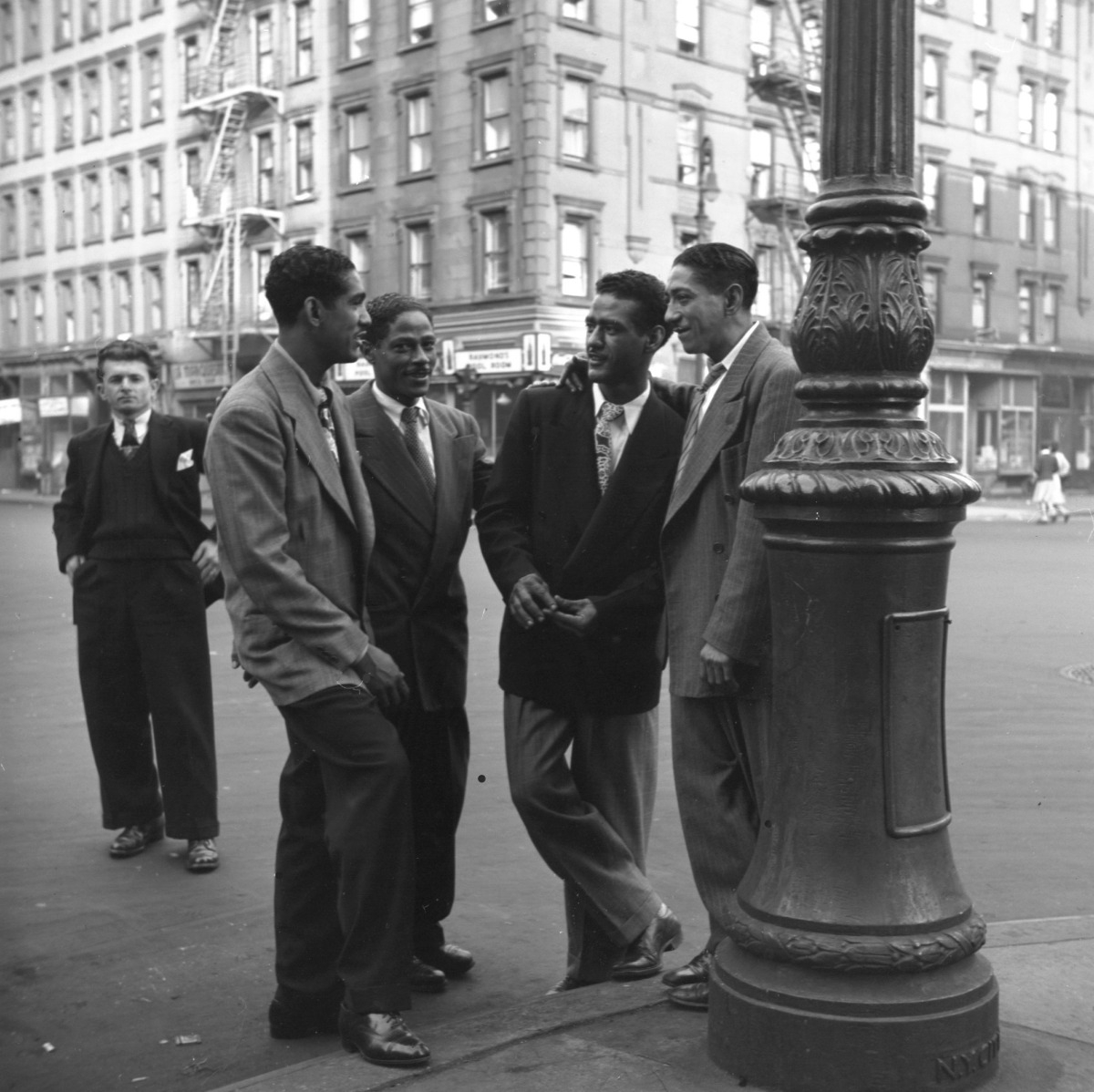 Sharp dressers on the corner, Spanish Harlem, New York, c. 1946-1950