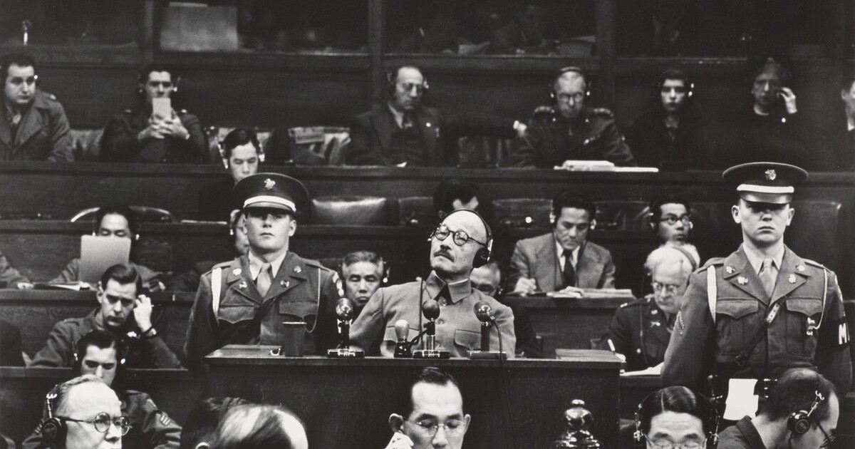 General Tojo Listens to Testimony during His Trial for War Crimes. Tokyo, 1948