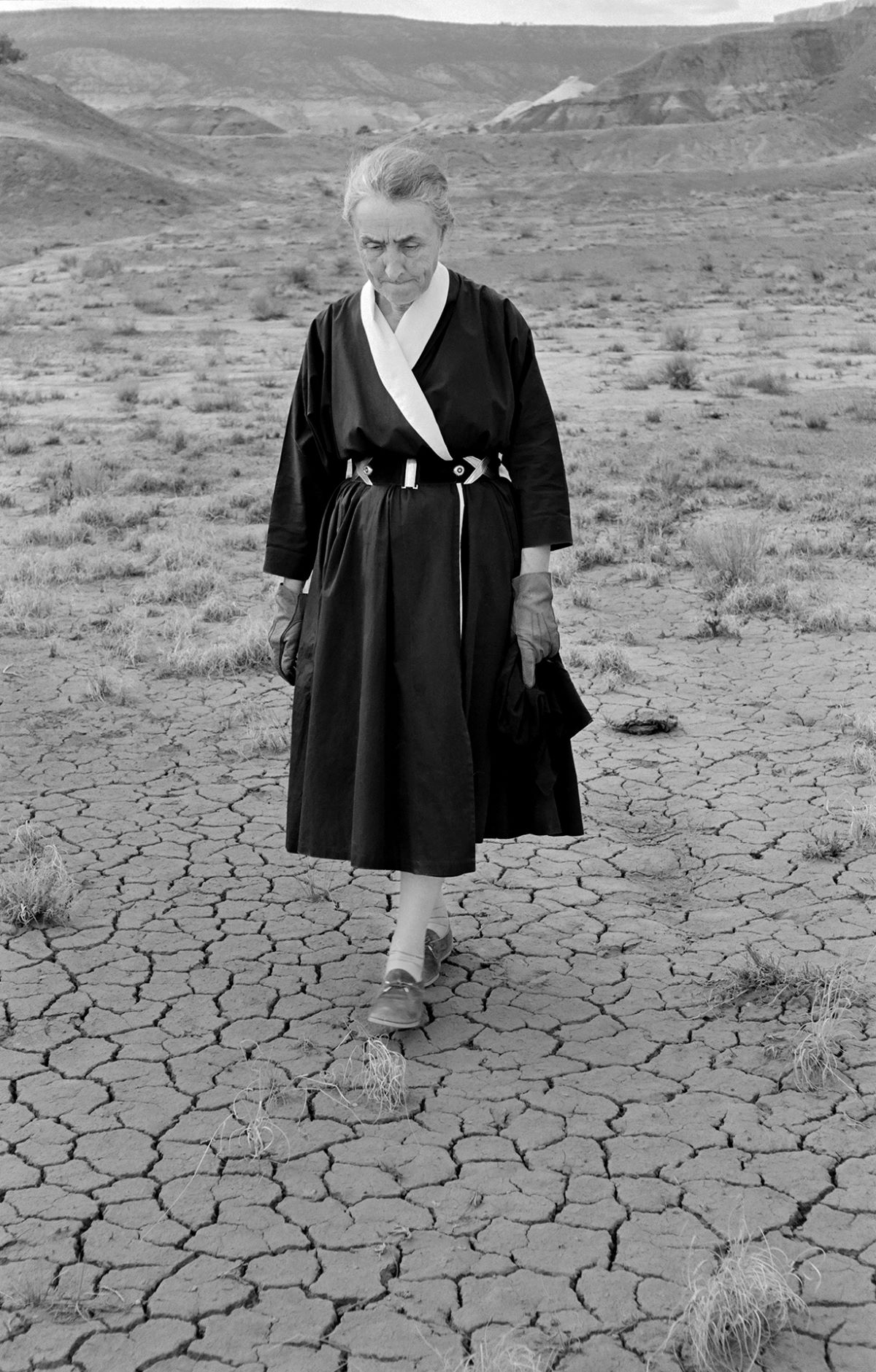 Georgia O'Keeffe thinking during her walk, New Mexico, 1960