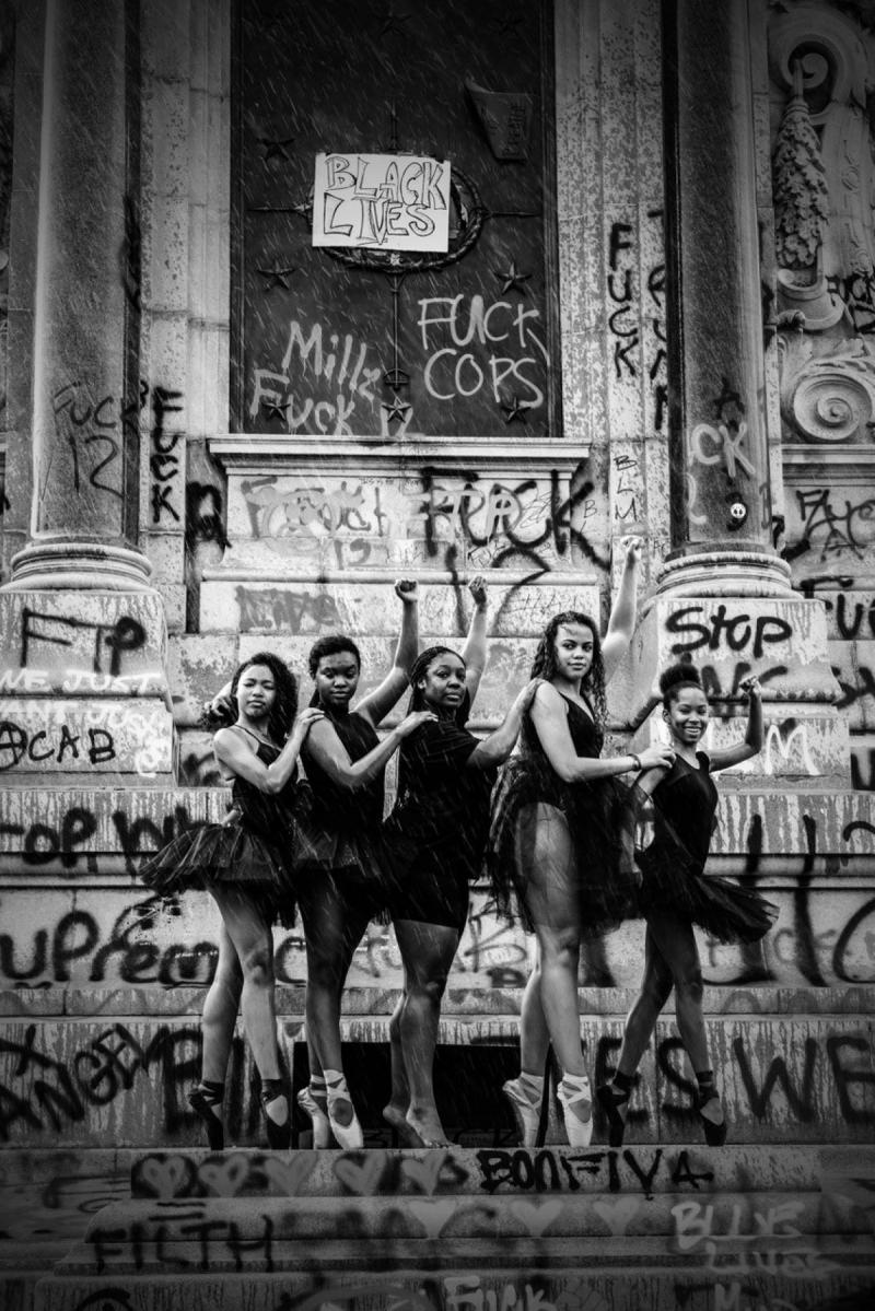 Ballerinas pose on the Robert E Lee statue in Richmond VA June 5 2020<br/>Please contact Gallery for price