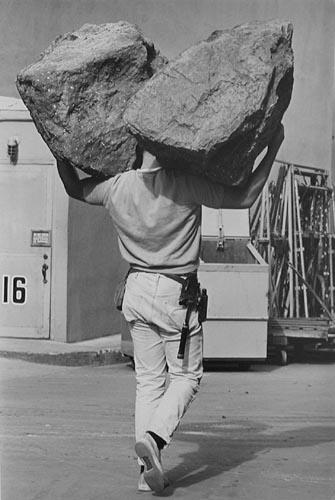 Propman and rubber rocks, Universal City, Hollywood, 1963<br/>