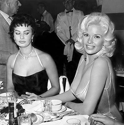 Jayne Mansfield and Sophia Loren, Romanoff's, Beverly Hills, c.1958 (Joe Shere /MPTV) Gelatin Silver print
