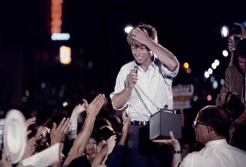 Bobby Kennedy often campaigned into the night, 1968