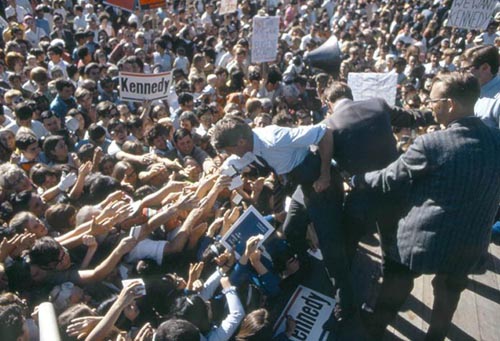 Bobby Kennedy with crowd during the 1968 Presidential race