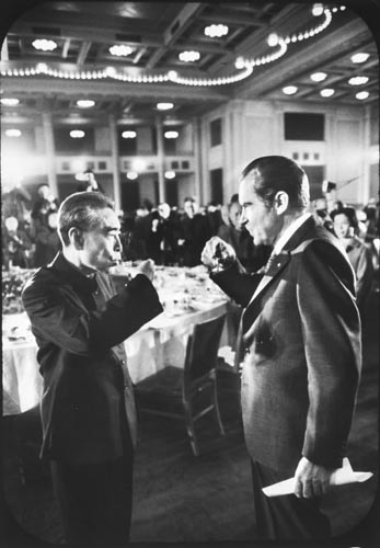 Chinese Premiere Chou En Lai and US President Richard Nixon toast each other, Peking, 1972