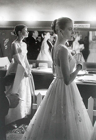 Audrey Hepburn and Grace Kelly backstage at the 28th Annual Academy Awards, March 21, 1956. (Audrey Hepburn presented the Best Picture