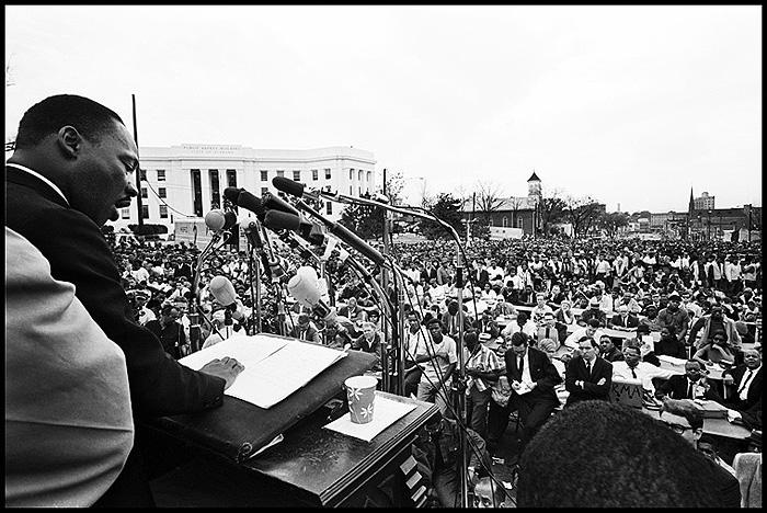 Dr. King delivering his speech to the triumphant crowd of marchers