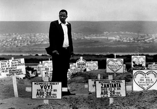 Sam Mali at gravesites, South Africa, 1982